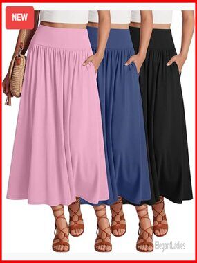 3 Pack Maxi Skirts High Waisted Pleated Flowy A-Line with Pockets